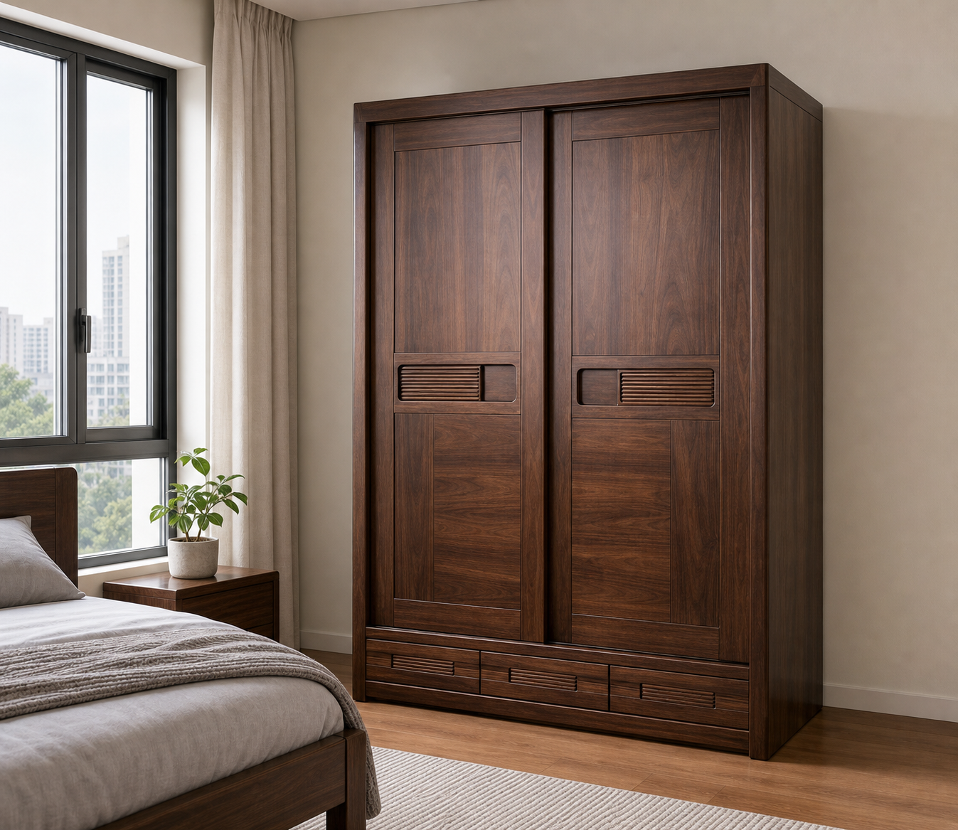 ANJU walnut solid wood sliding wardrobe in bedroom