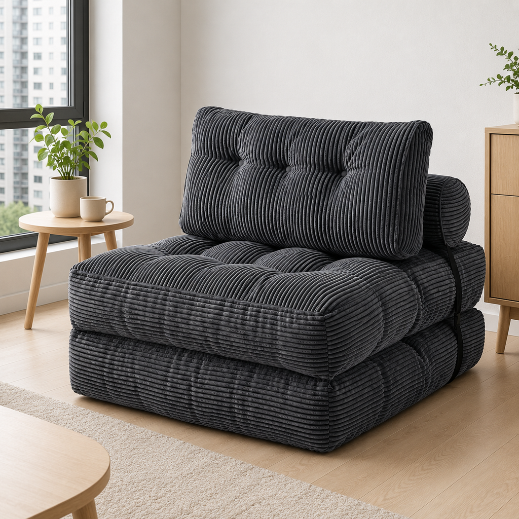 ANJU foldable lazy sofa bed floor chair in dark gray in a bright room scene