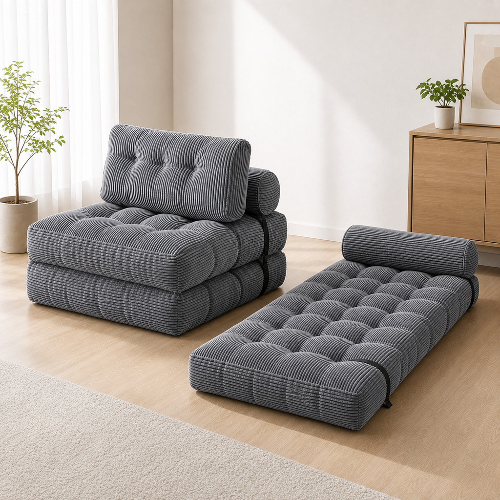 ANJU foldable lazy sofa bed floor chair in medium dark grey shown as sofa and fold-out lounger