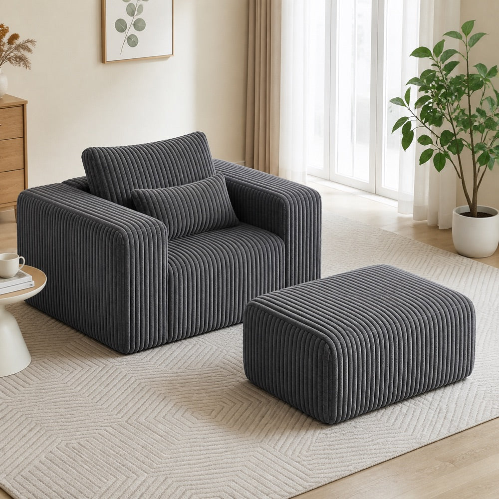 ANJU dark gray lounge chair and matching ottoman shown as separate variants
