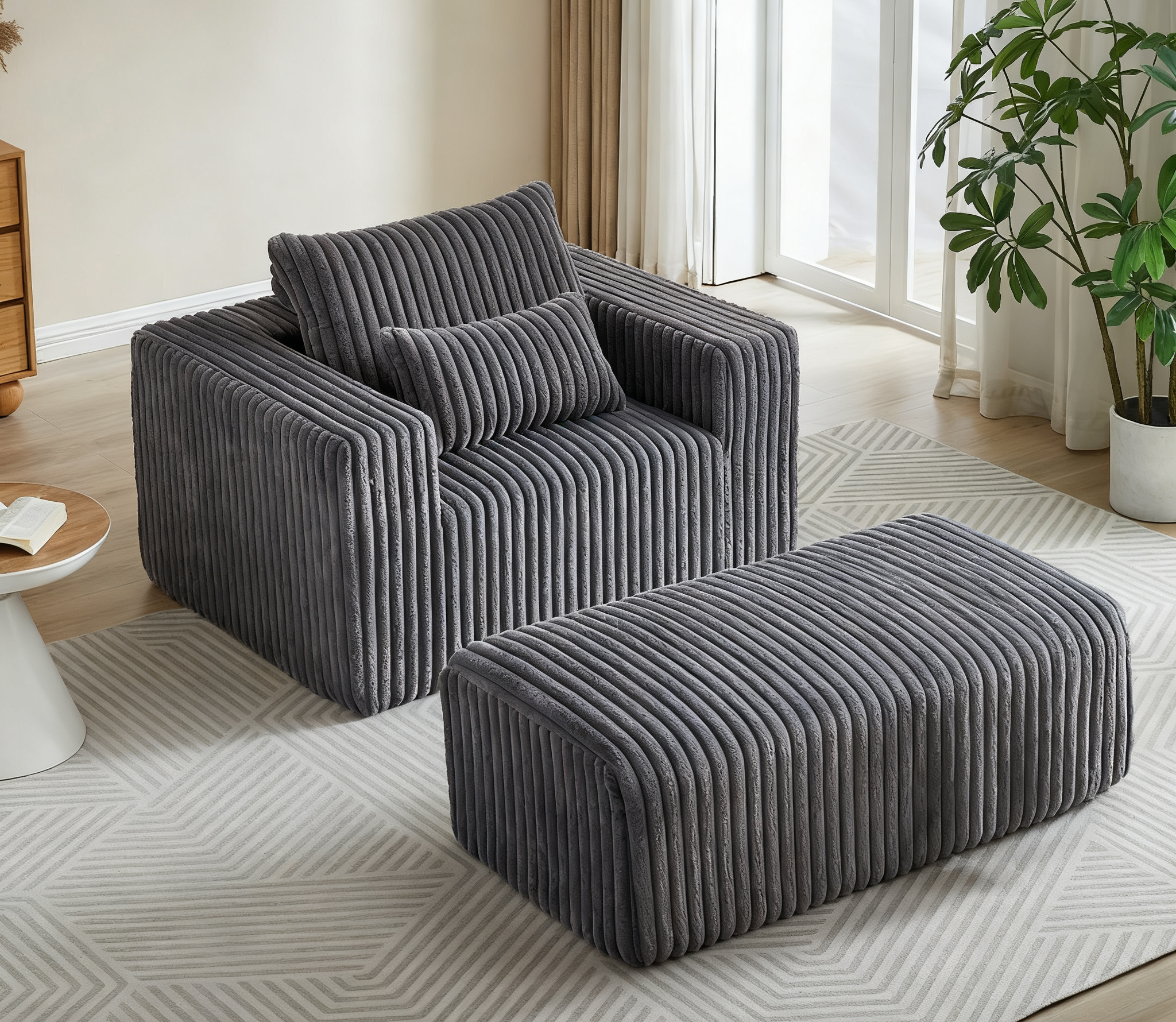 ANJU dark gray lounge chair and ottoman in a living room scene