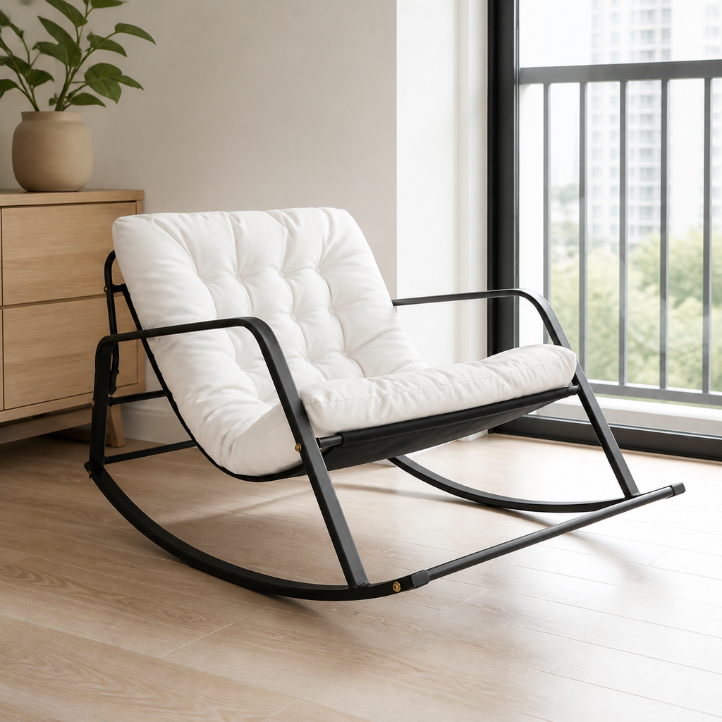 ANJU white rocking chair in balcony living room scene