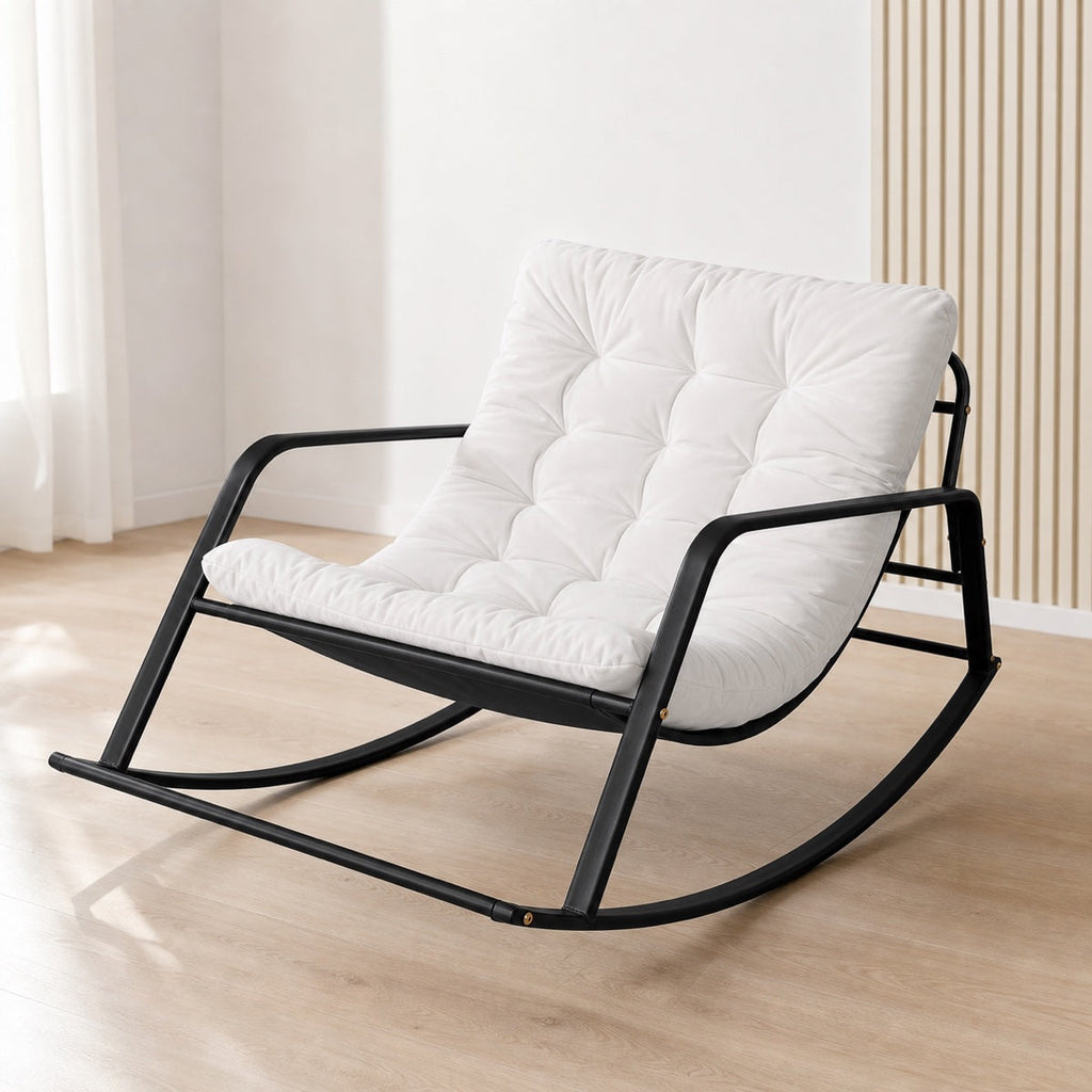 ANJU 01 white padded rocking chair with black metal curved rocking base