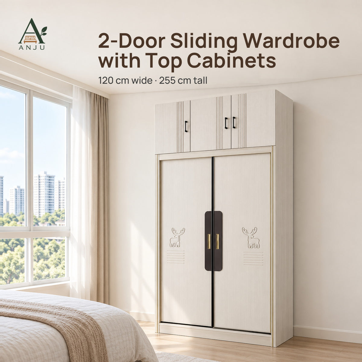 White 2-door sliding wardrobe with top cabinets and embossed elk motifs in a bright bedroom with a bed and window