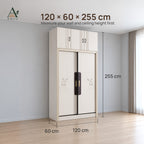White 2-door sliding wardrobe with top cabinets in an empty room, with height, width and depth dimension lines