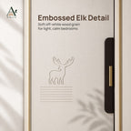 Close-up of an embossed elk and lines on a white wood-grain wardrobe door beside a dark centre handle