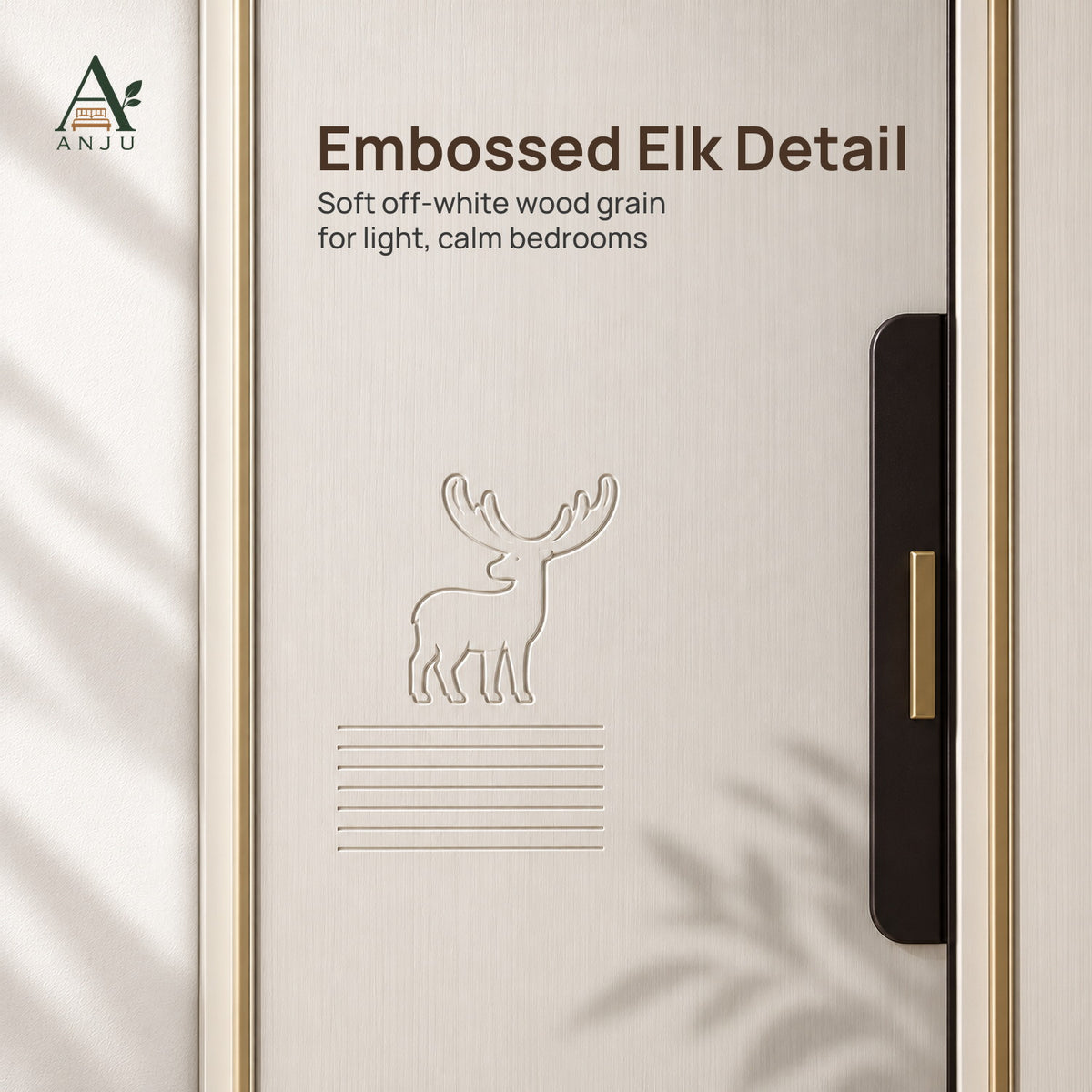 Close-up of an embossed elk and lines on a white wood-grain wardrobe door beside a dark centre handle