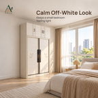 White 2-door sliding wardrobe with top cabinets in a bedroom with a bed, large window and sheer curtains