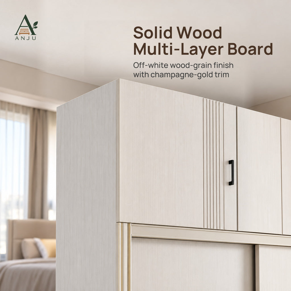 Close-up of the top cabinet doors on a white wood-grain wardrobe, with vertical grooves, a black handle and gold trim
