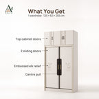 White 2-door sliding wardrobe with top cabinets on a plain light background, with part labels on the left