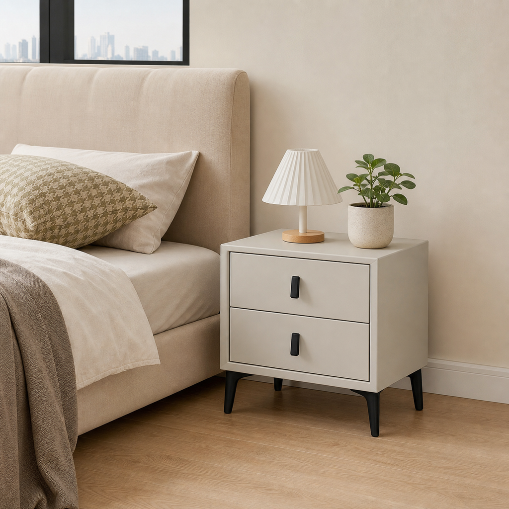 ANJU F610 beige two drawer bedside table in bedroom scene