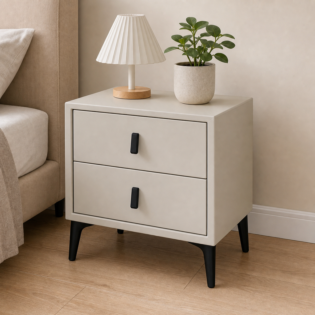 ANJU F610 beige two drawer bedside table close bedroom scene