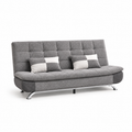 ANJU convertible sofa bed in grey with quilted grid backrest, 2 two-tone pillows and curved metal legs on white background