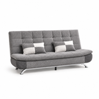 ANJU convertible sofa bed in grey with quilted grid backrest, 2 two-tone pillows and curved metal legs on white background