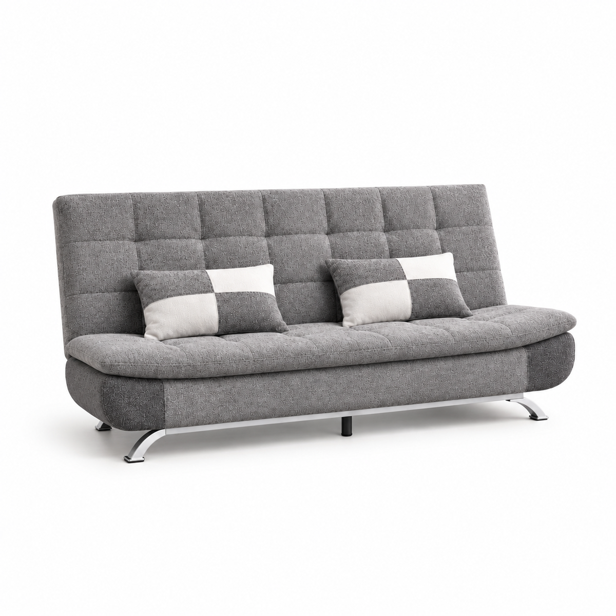 Grey convertible sofa bed with two pillows and complete metal support legs