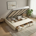 ANJU lift-up storage bed frame with mattress raised on the lift-up base, bedding stored inside and drawers open