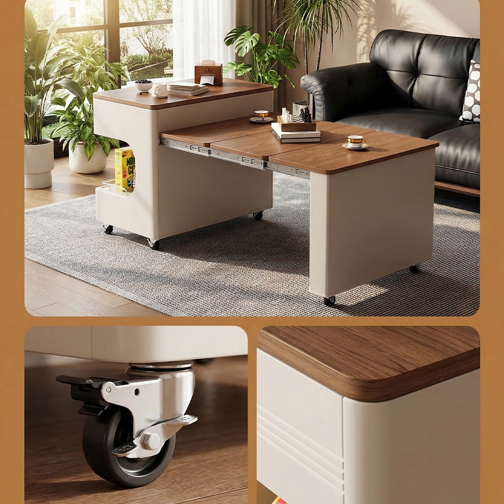 ANJU ST02 extendable side table detail view with wheels and rounded tabletop