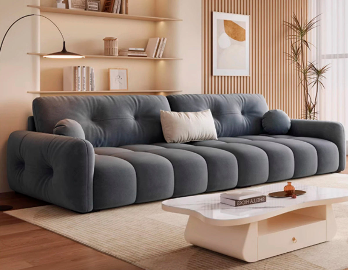 ANJU Channel-Tufted Suede-Feel Fabric Sofa with Pillow Back, 140–360 cm