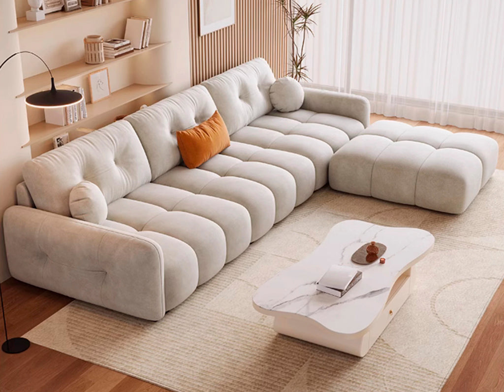 ANJU Channel-Tufted Suede-Feel Fabric Sofa with Pillow Back, 140–360 cm