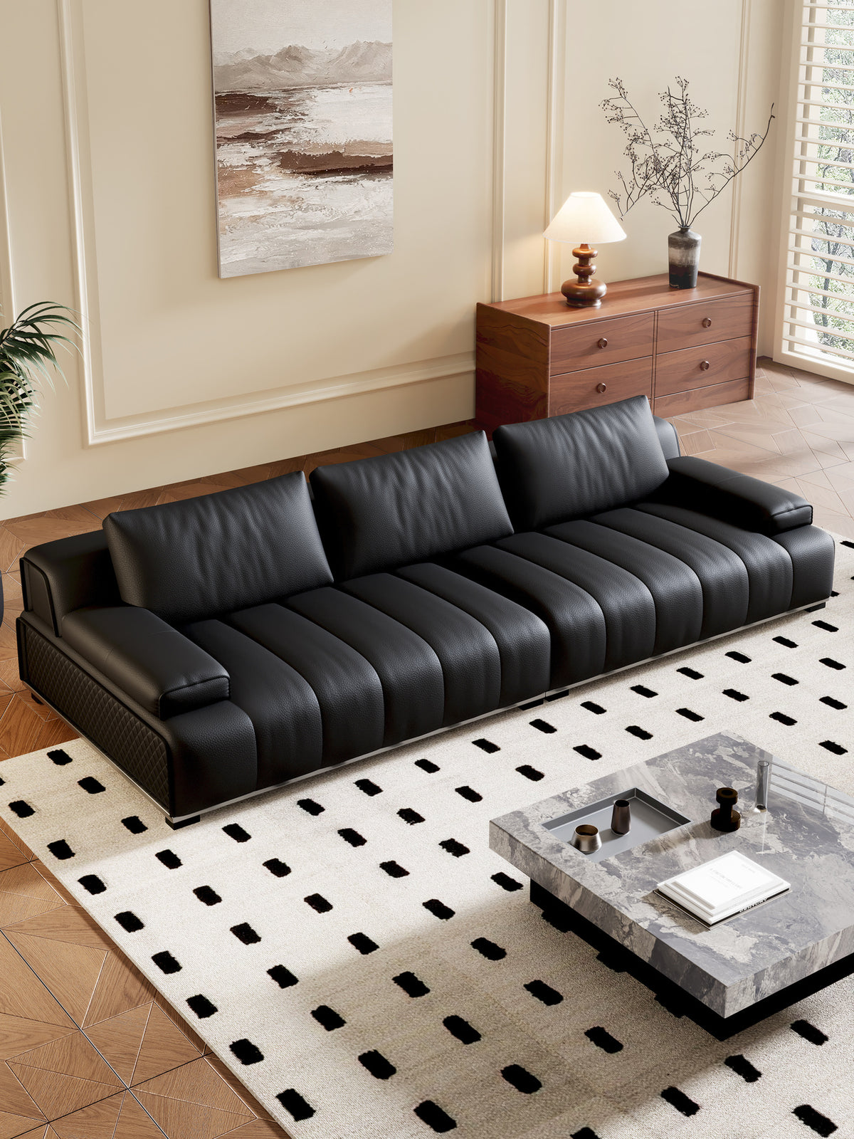 ANJU Vertical Channel-Stitched Sofa with Steel Base, Faux or Top-Grain Leather, 140–392 cm