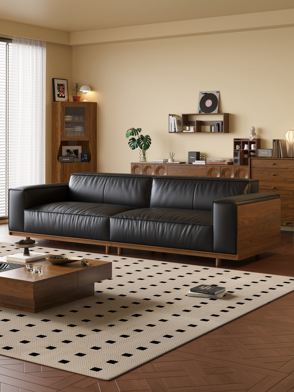 ANJU Boxy Faux Leather Sofa with Walnut Arm Panels, 280 cm