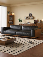 ANJU Boxy Faux Leather Sofa with Walnut Arm Panels, 280 cm