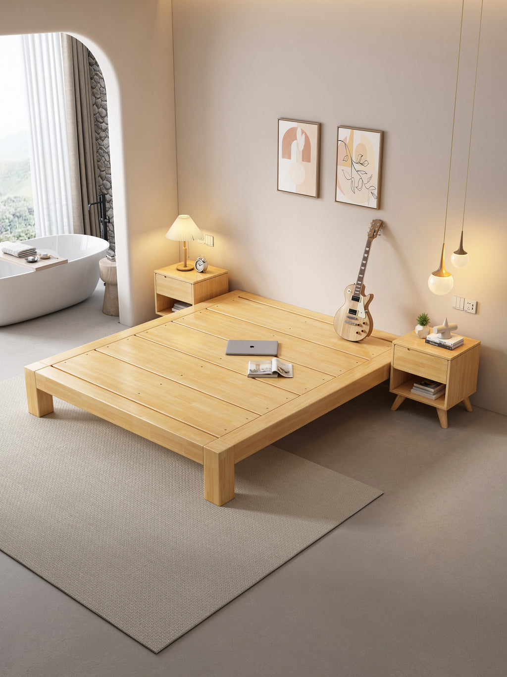 ANJU Chunky Leg Solid Oak Platform Bed, Low Japanese Bed Frame with Plank Deck, Super Single to King