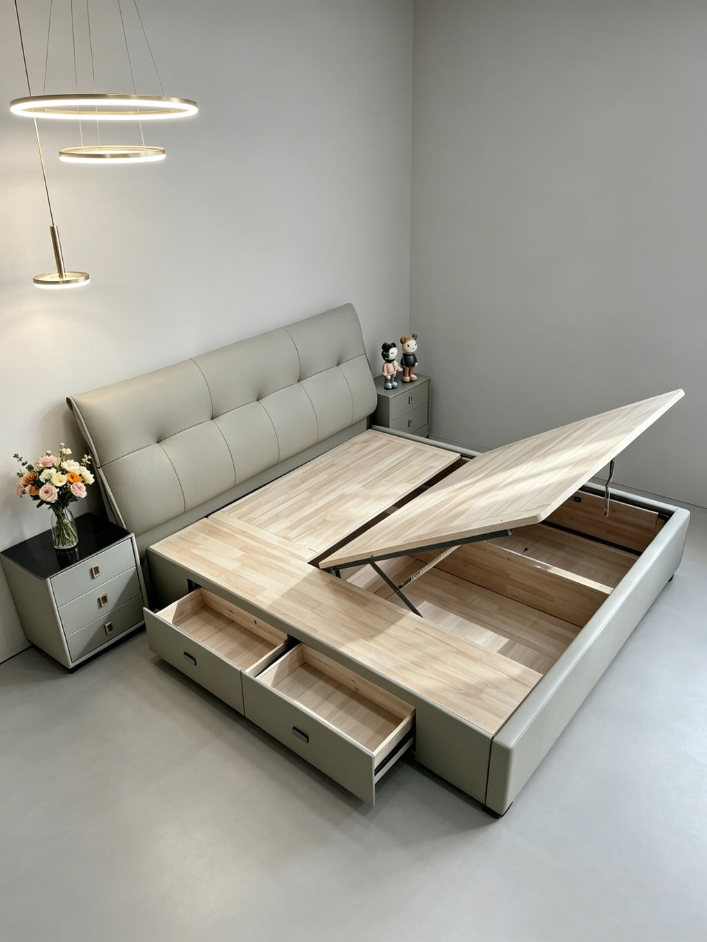 ANJU Button-Tufted Headboard Storage Bed with Gas Lift and 2 Drawers, Faux or Cowhide Leather, Queen or King
