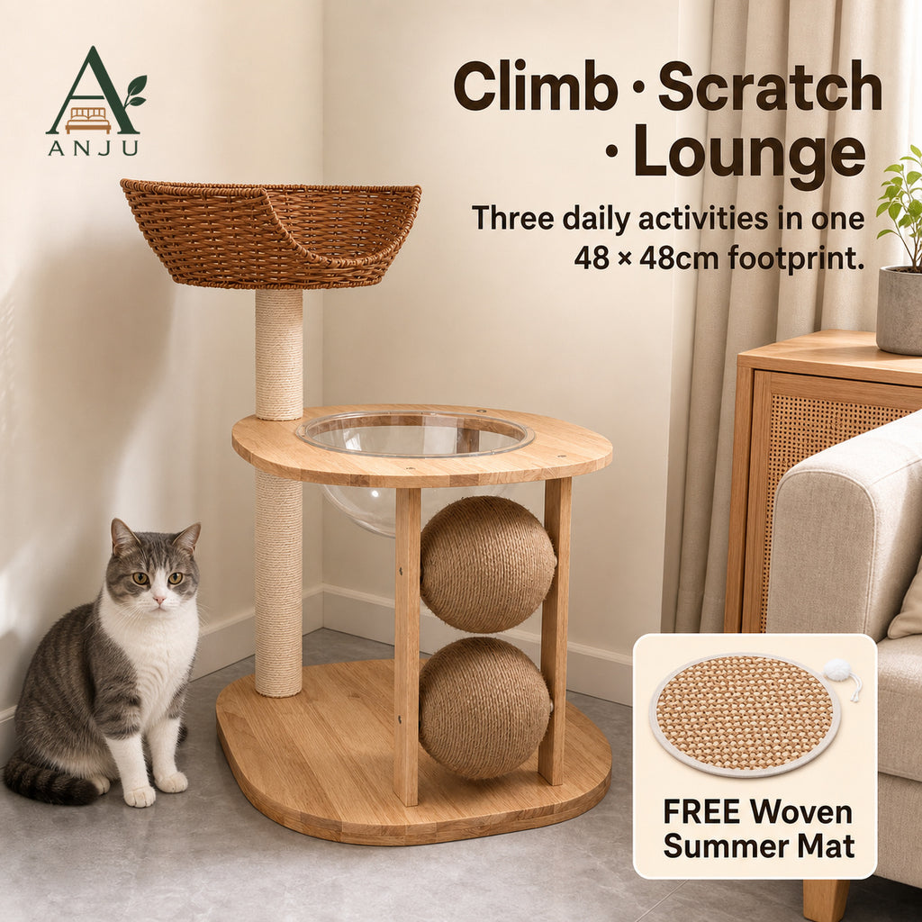 ANJU 2-Tier Cat Tree with Woven Basket, Clear Bowl and Scratching Posts — image 1
