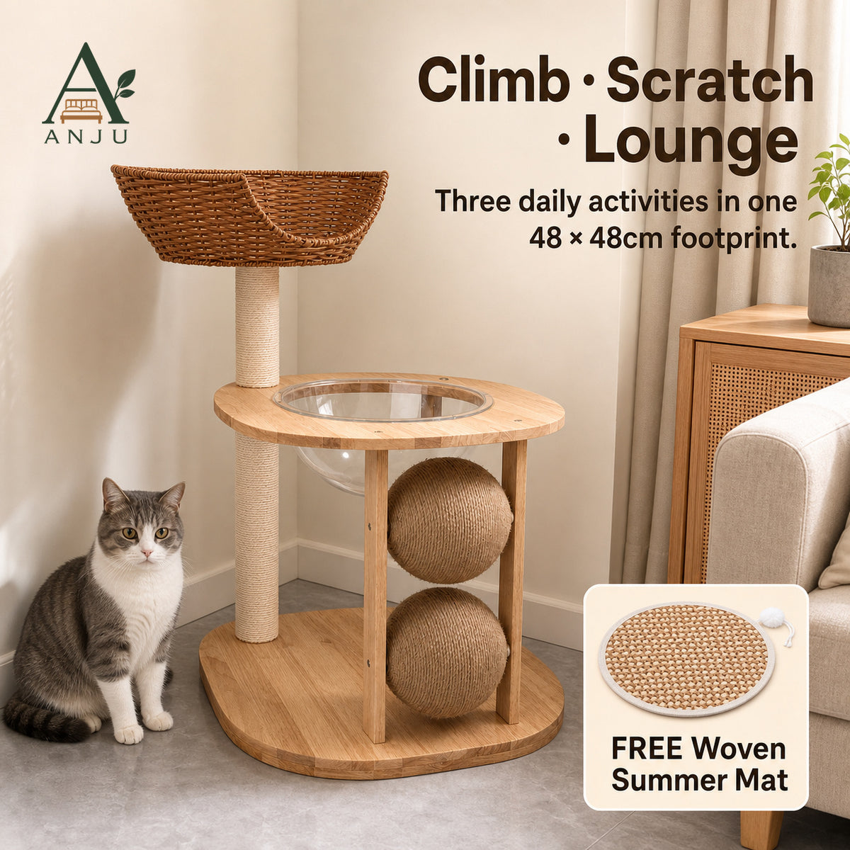 ANJU 2-Tier Cat Tree with Woven Basket, Clear Bowl and Scratching Posts — image 1