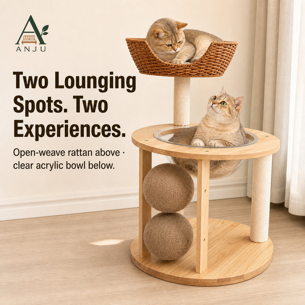 ANJU 2-Tier Cat Tree with Woven Basket, Clear Bowl and Scratching Posts — image 2