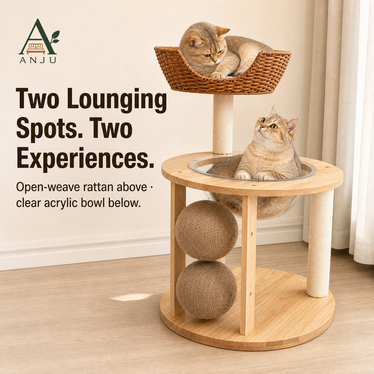 ANJU 2-Tier Cat Tree with Woven Basket, Clear Bowl and Scratching Posts — image 2