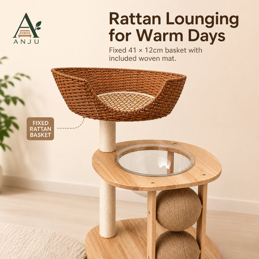 ANJU 2-Tier Cat Tree with Woven Basket, Clear Bowl and Scratching Posts — image 3
