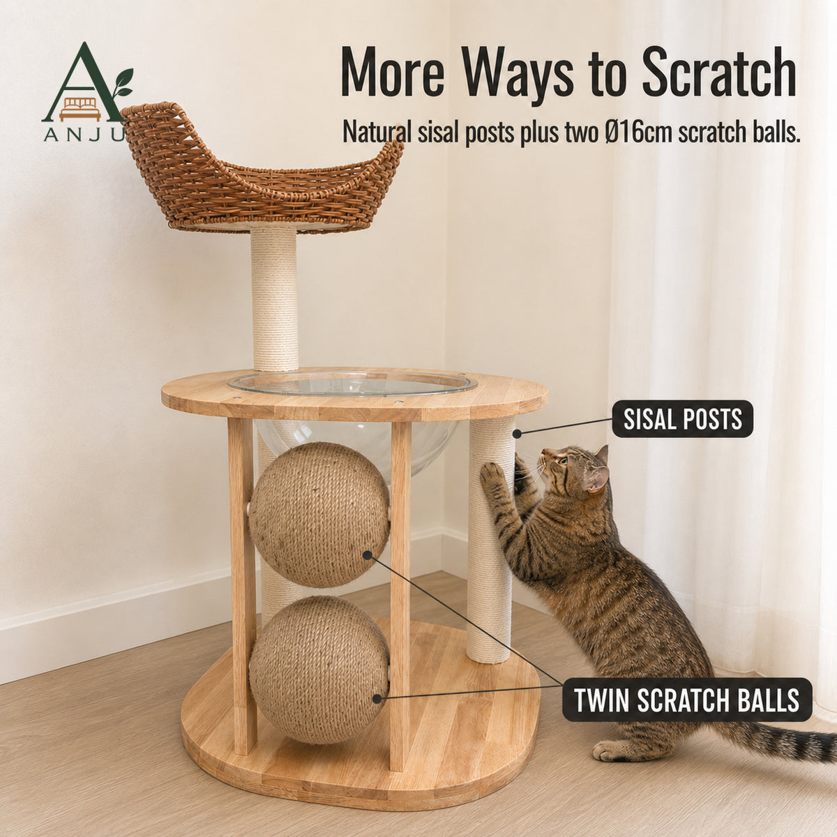 ANJU 2-Tier Cat Tree with Woven Basket, Clear Bowl and Scratching Posts — image 4