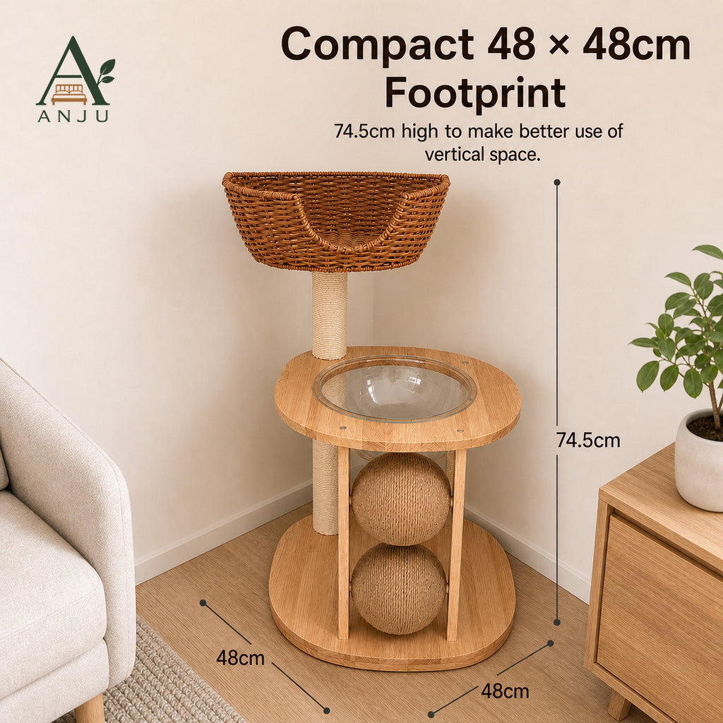 ANJU 2-Tier Cat Tree with Woven Basket, Clear Bowl and Scratching Posts — image 5