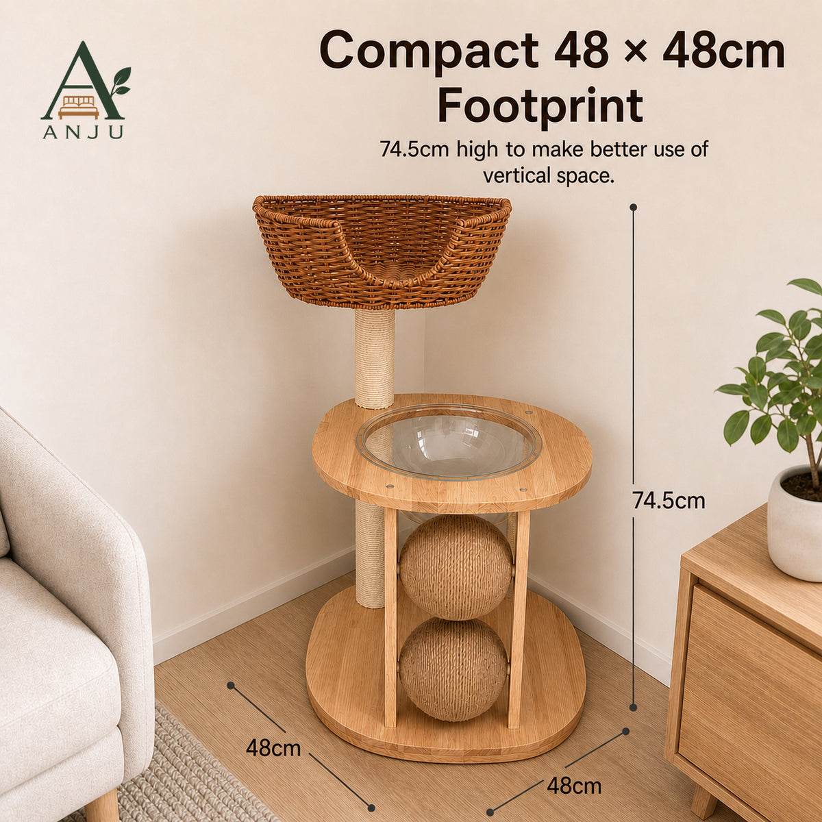 ANJU 2-Tier Cat Tree with Woven Basket, Clear Bowl and Scratching Posts — image 5