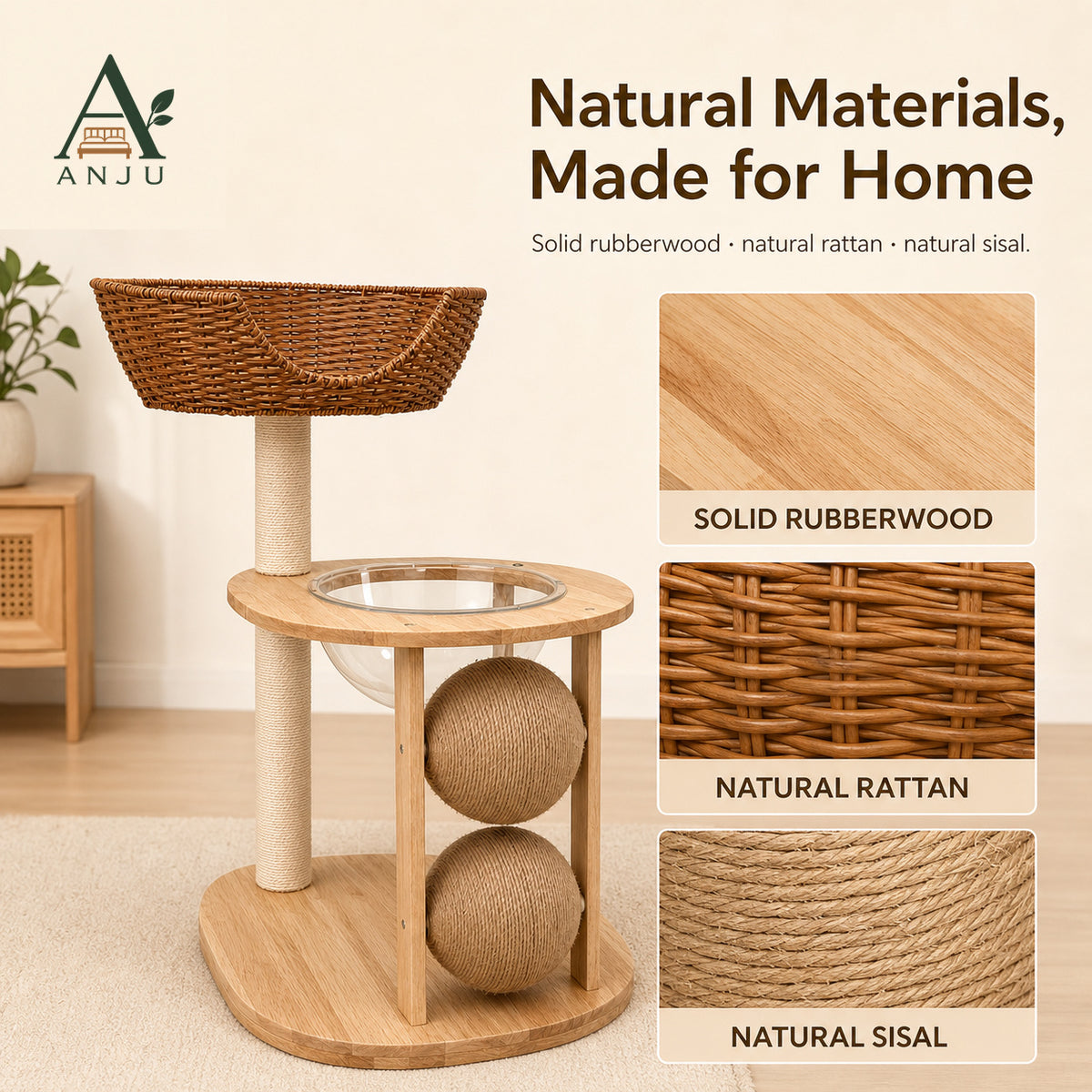ANJU 2-Tier Cat Tree with Woven Basket, Clear Bowl and Scratching Posts — image 6