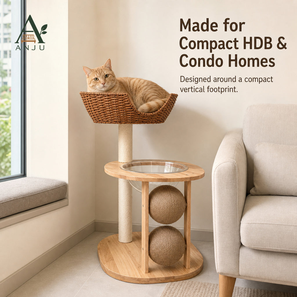 ANJU 2-Tier Cat Tree with Woven Basket, Clear Bowl and Scratching Posts — image 7