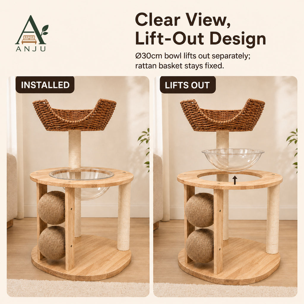 ANJU 2-Tier Cat Tree with Woven Basket, Clear Bowl and Scratching Posts — image 8