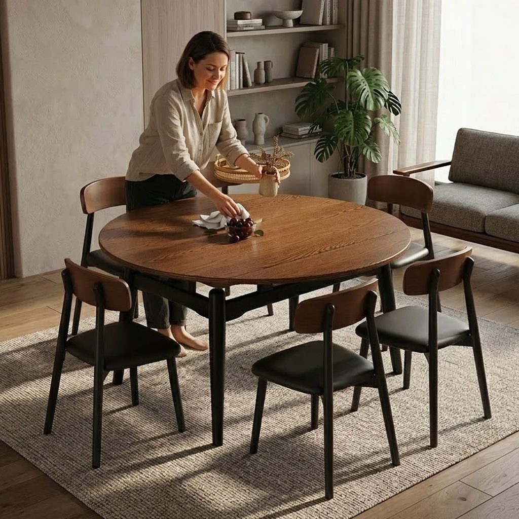ANJU 135cm walnut dining table set room scene