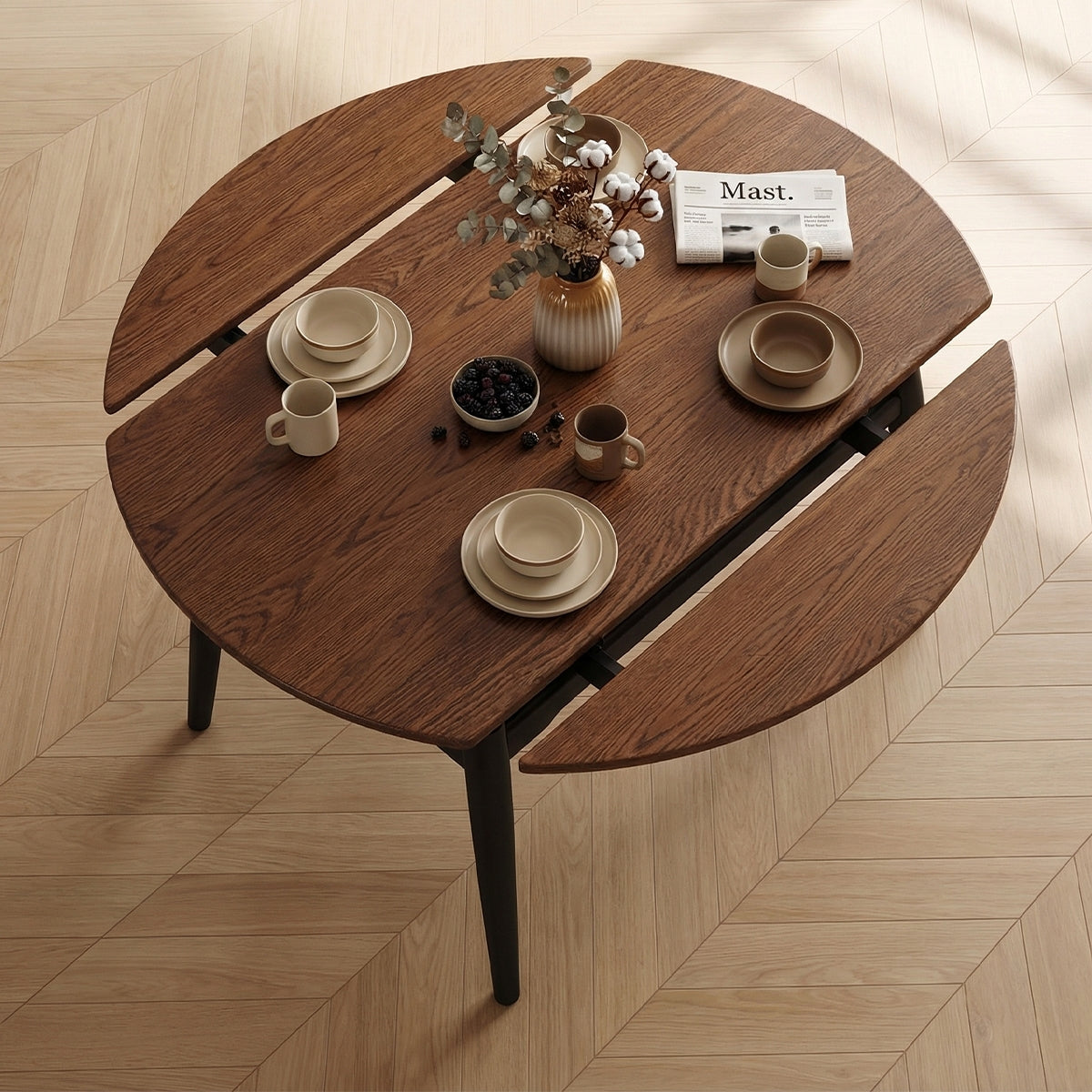 ANJU 135cm walnut dining table set top view