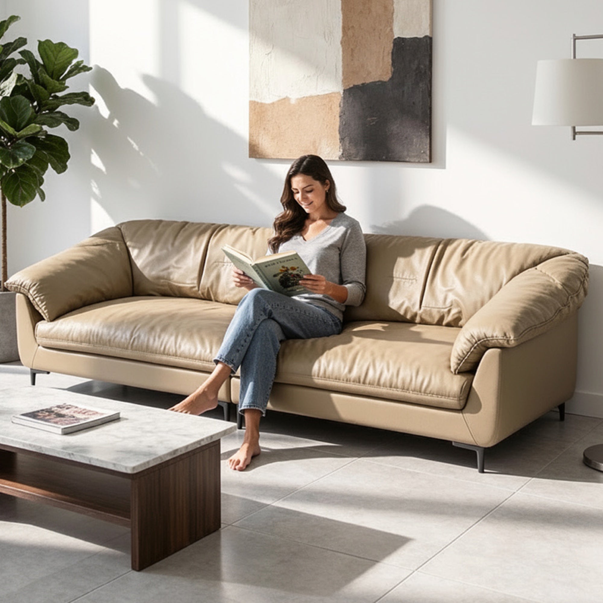 ANJU 2406 Hug sofa in Khaki reading scene