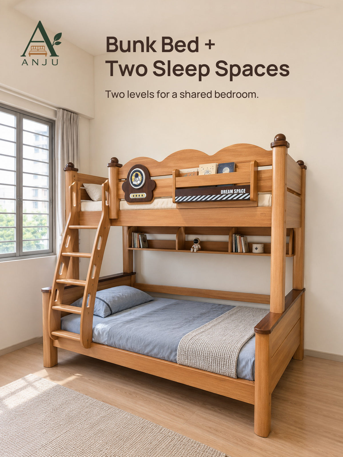 ANJU 9106 Wooden Bunk Bed with Rear Bookshelf, 90cm Upper and 120cm Lower, Walnut Finish