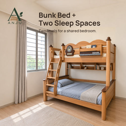 ANJU 9106 Wooden Bunk Bed with Rear Bookshelf, 90cm Upper and 120cm Lower, Walnut Finish