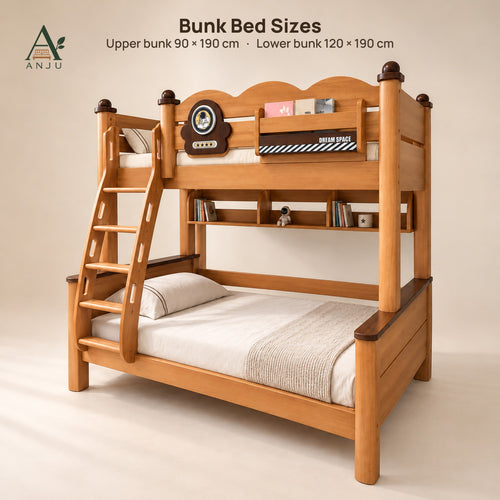 ANJU 9106 Wooden Bunk Bed size chart, upper 90x190cm and lower 120x190cm