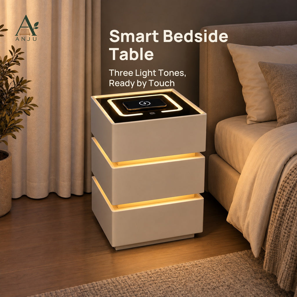 ANJU Smart Bedside Table 40cm with Wireless Charging, USB Ports, Sensor Light and 3 Drawers, Beige