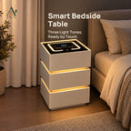 ANJU Smart Bedside Table 40cm with Wireless Charging, USB Ports, Sensor Light and 3 Drawers, Beige