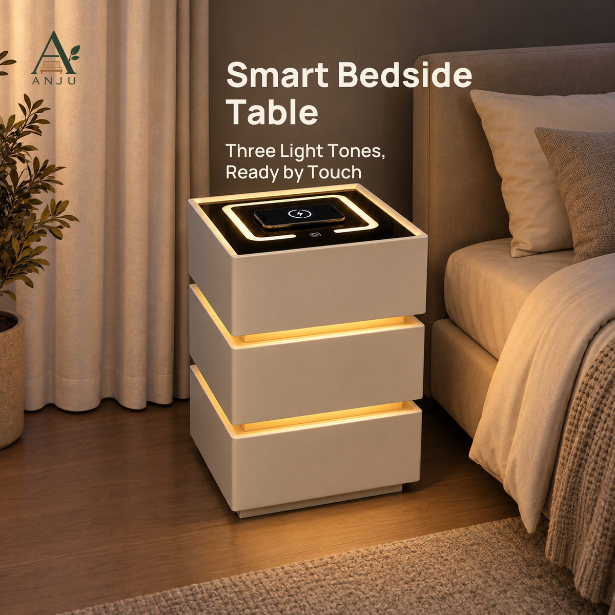 ANJU Smart Bedside Table 40cm with Wireless Charging, USB Ports, Sensor Light and 3 Drawers, Beige