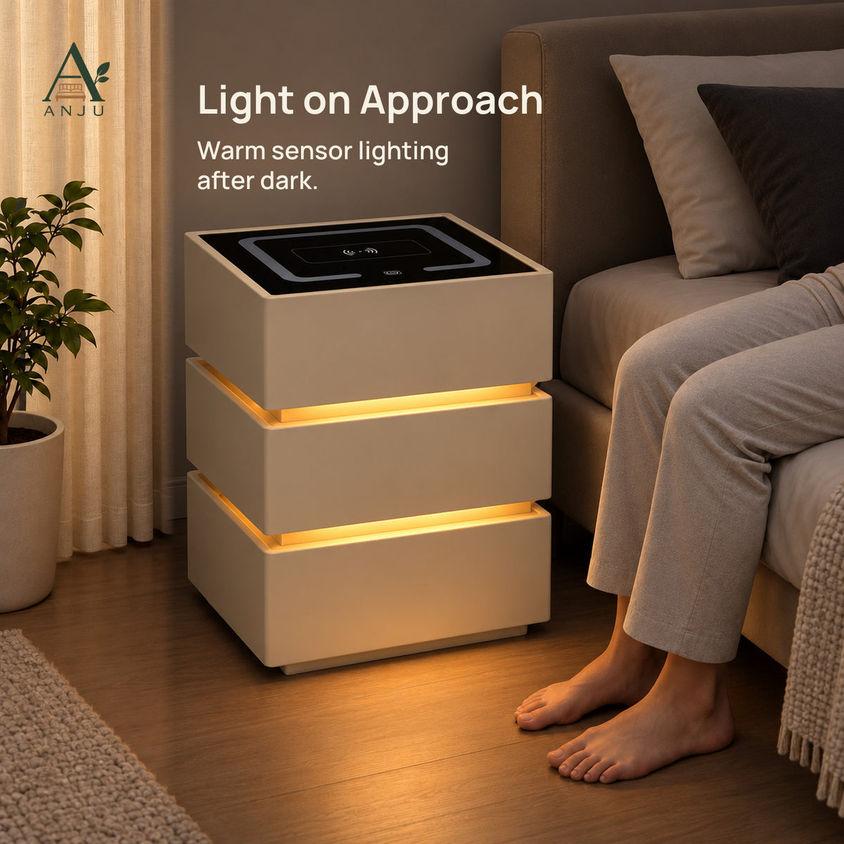 ANJU Smart Bedside Table 40cm with Wireless Charging, USB Ports, Sensor Light and 3 Drawers, Beige — view 2