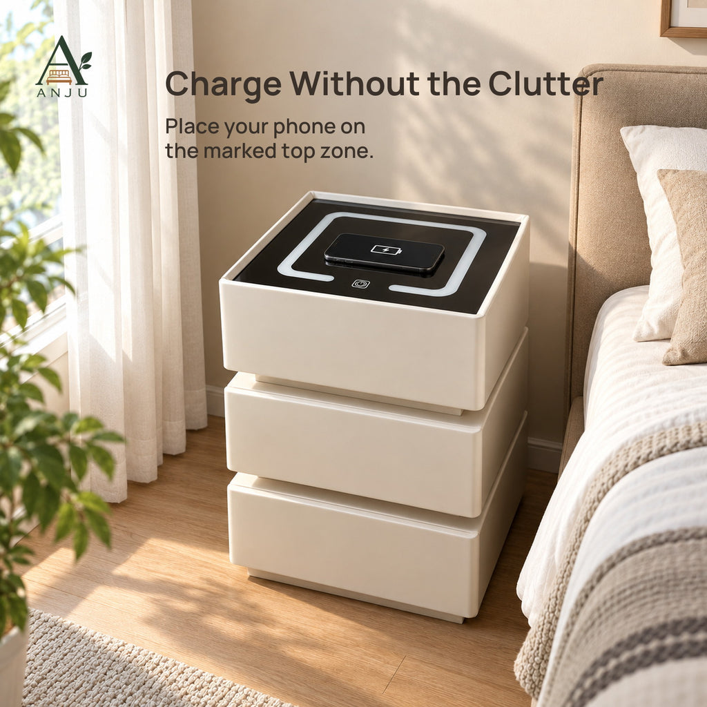 ANJU Smart Bedside Table 40cm with Wireless Charging, USB Ports, Sensor Light and 3 Drawers, Beige — view 3